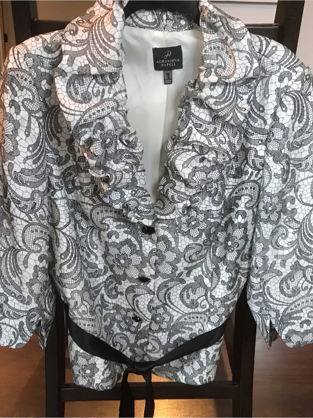 Adrianna Papell Black and White Floral Lace-Effect Ruffle Blazer